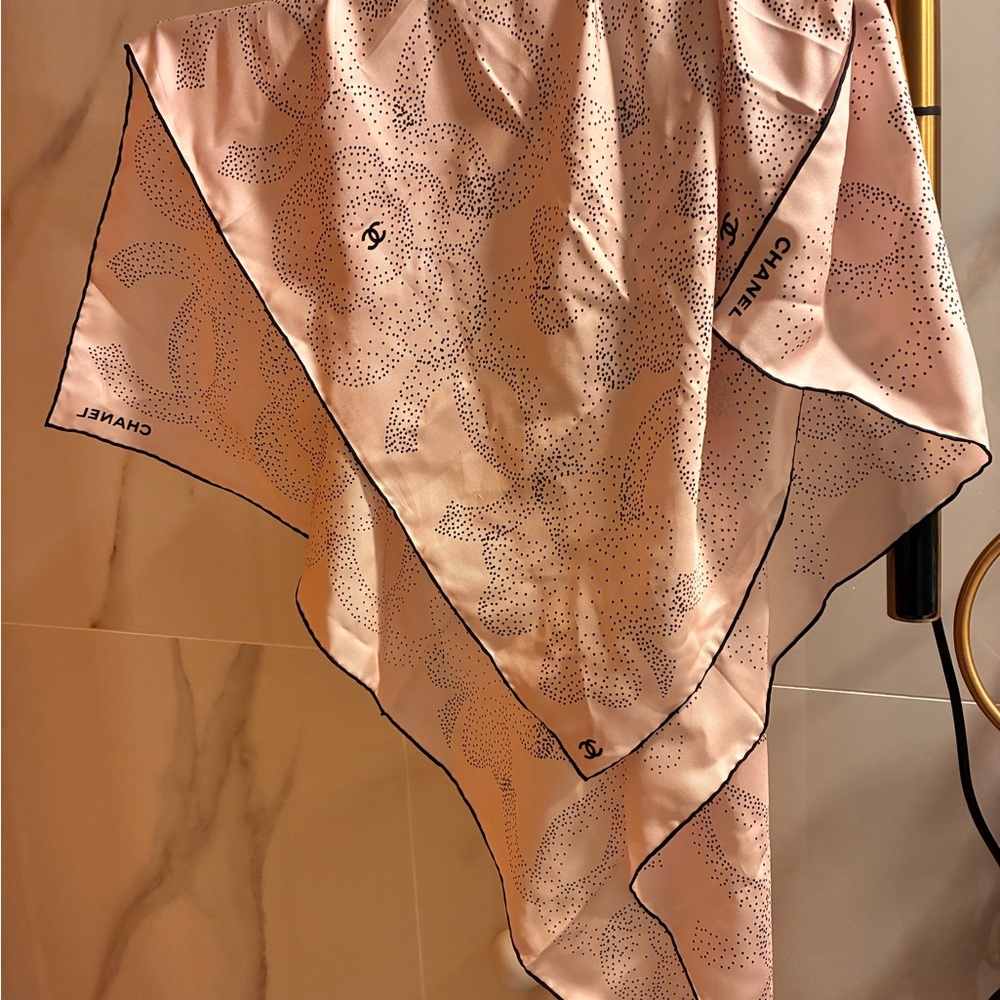 CHANEL Pink and Black Dot Floral Silk Scarf - Picture 8 of 10